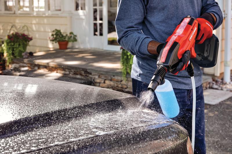 Included soap bottle feature of 20 volt cordless 350 max P S I power cleaner kit.