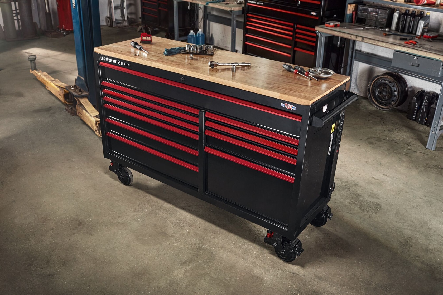 CRAFTSMAN V-Series™ Workstation featured in automotive shop filled with CRAFTSMAN tools