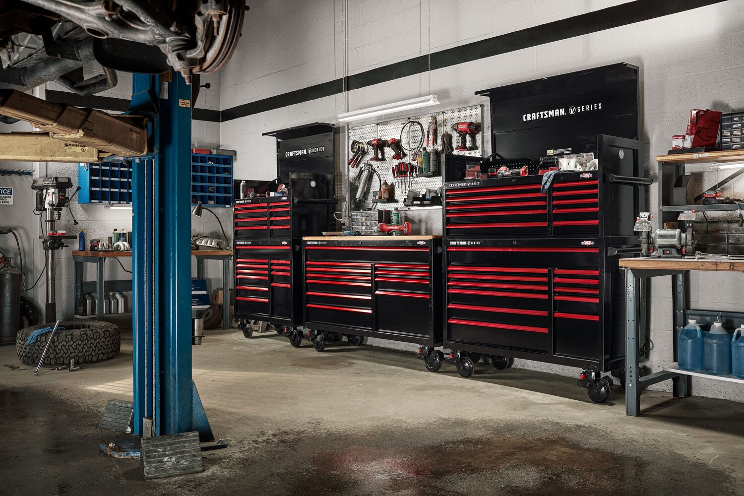 Automotive shop filled with family of CRAFTSMAN V-Series™ metal storage