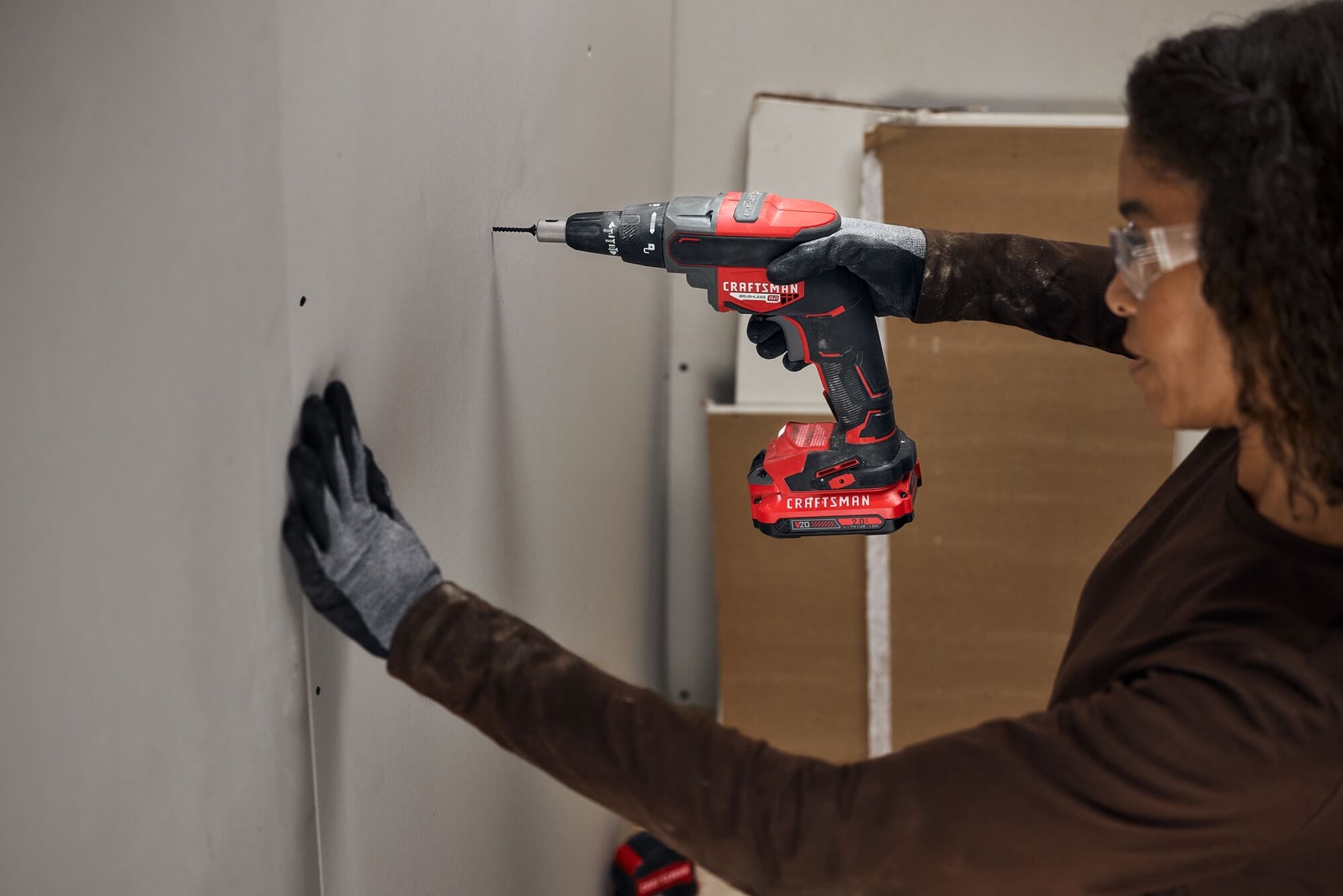 Craftsman V20 Brushless RP Drywall Screwgun fastening into drywall