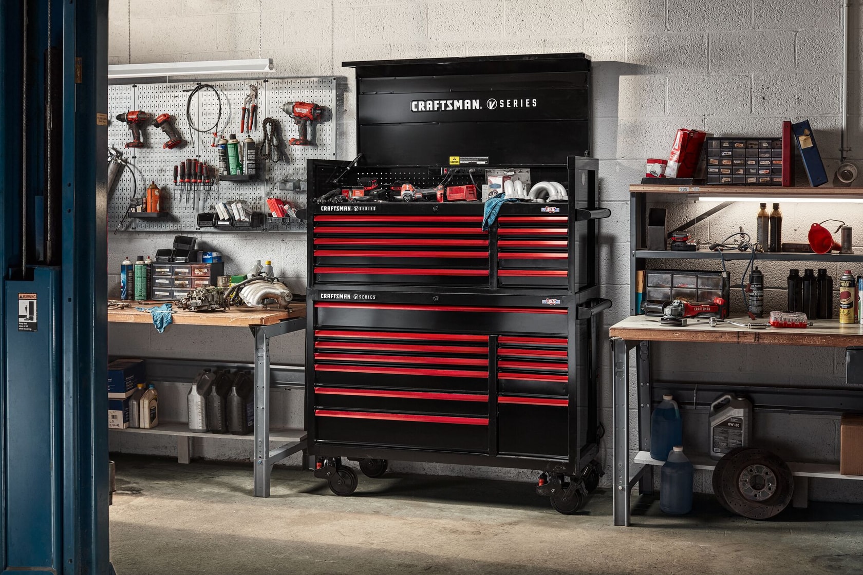 CRAFTSMAN V-Series™ metal storage combo featured in automotive shop filled with CRAFTSMAN tools