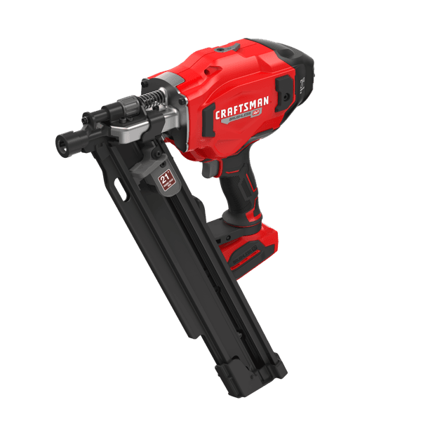 Left profile of 20 volt brushless cordless 21 degree plastic collated framing nailer.